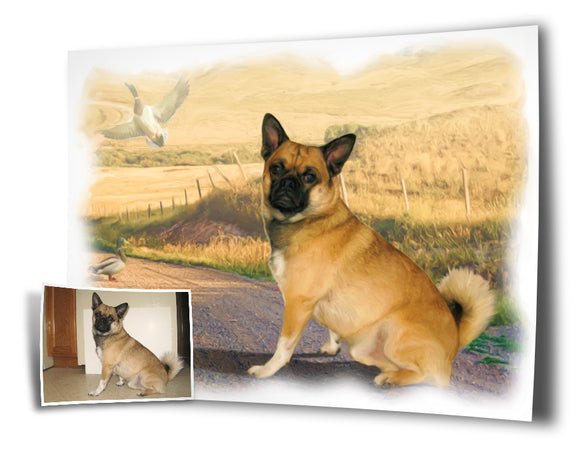 Memorial Pet Portrait Painting Digital Artwork Prints available on Poster Paper, Rolled Artist Canvas, Gallery Wrapped Artist Canvas. Commemorate your four legged, furry, scales, feathered family member.