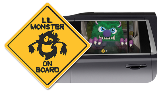 Lil Monster on Board is a vinyl window screen designed to protect your child while in the backseat of your car that also looks like you're transporting a little monster