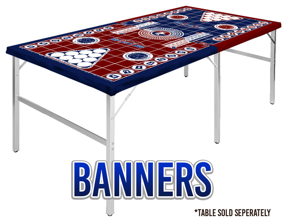 Impact Games 6-in-1 Beer Pong Table offers Beer Pong, Flipcups, Quarters, Higher/Lower,  King's Cup, and Drunken Sailors. Mini Size Banners for the Party Crowd