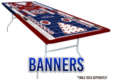 Impact Games 6-in-1 Beer Pong Table offers Beer Pong, Flipcups, Quarters, Higher/Lower,  King's Cup, and Drunken Sailors. Standard Size Vinyl Banners for the Party Crowd